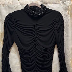 Rickie Freeman for Teri Jon Black Long Sleeve Dress with Beaded Neckline